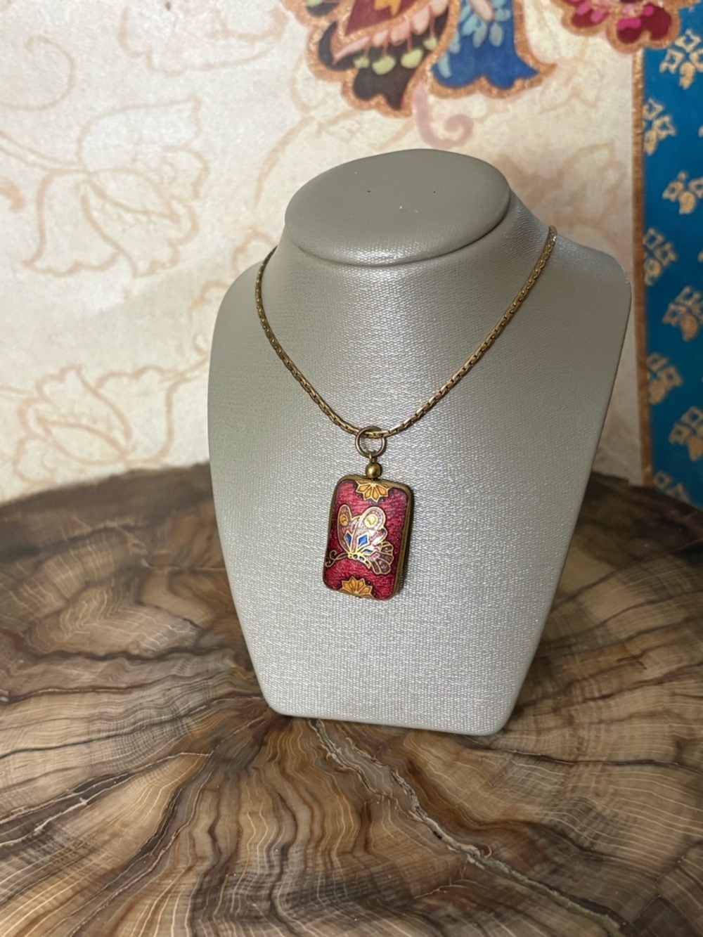 Vintage Butterfly Cloisonné Puffed Double Sided Gold Pendant